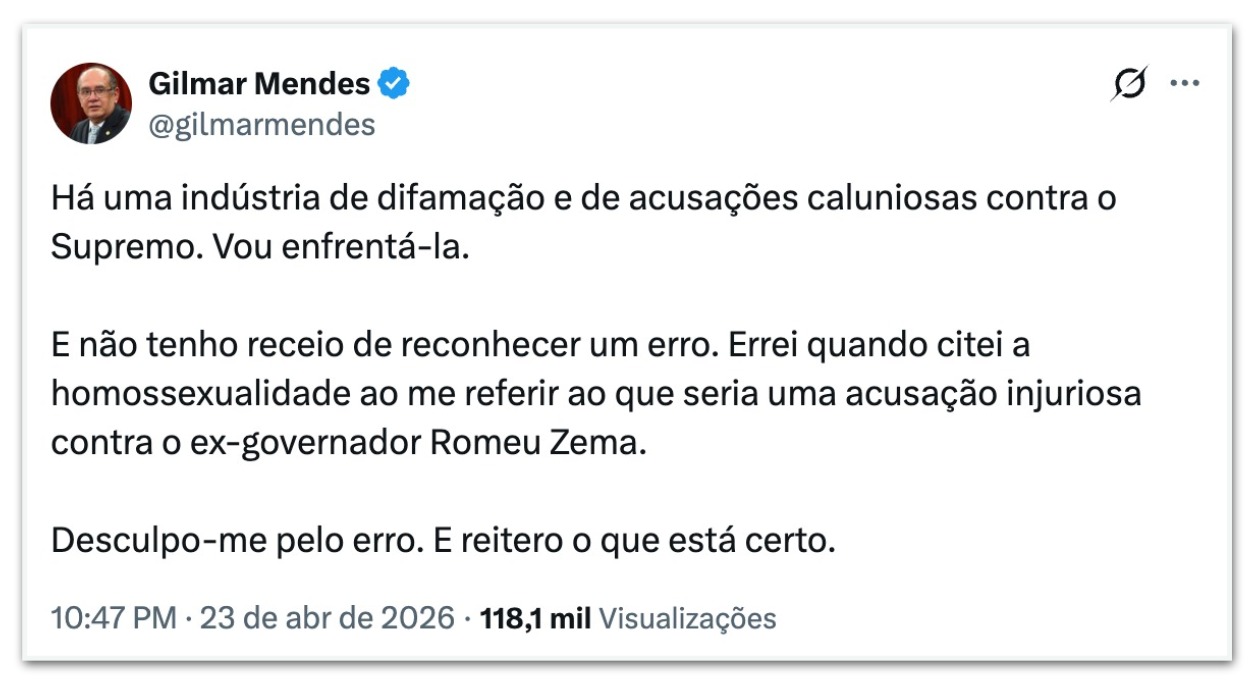 Gilmar Mendes pede desculpas por comentário sobre homossexualidade