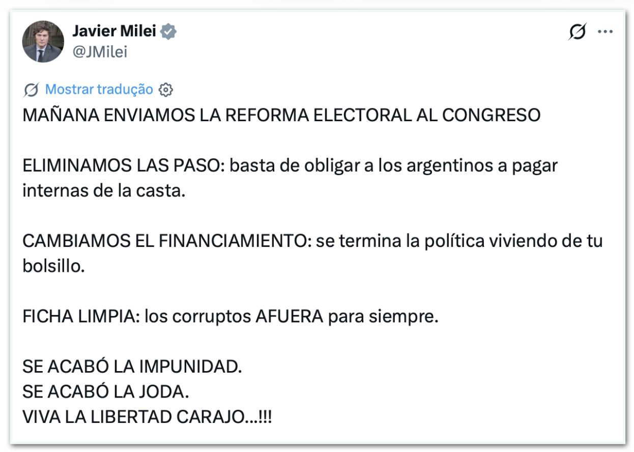 Milei propõe reforma eleitoral para acabar com primárias na Argentina