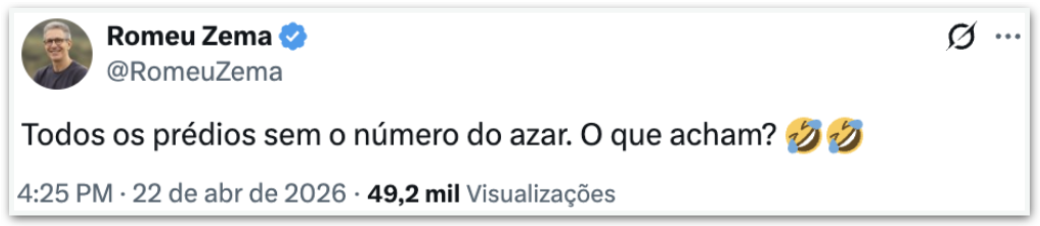 Zema sugere banimento do 13º andar como crítica ao PT